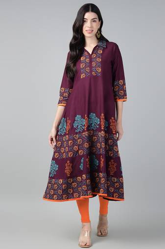Winecotton printed anarkali kurta