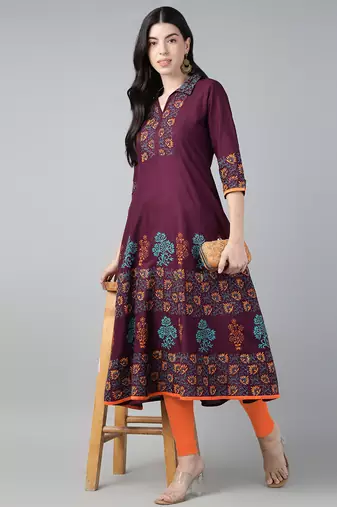 Winecotton printed anarkali kurta