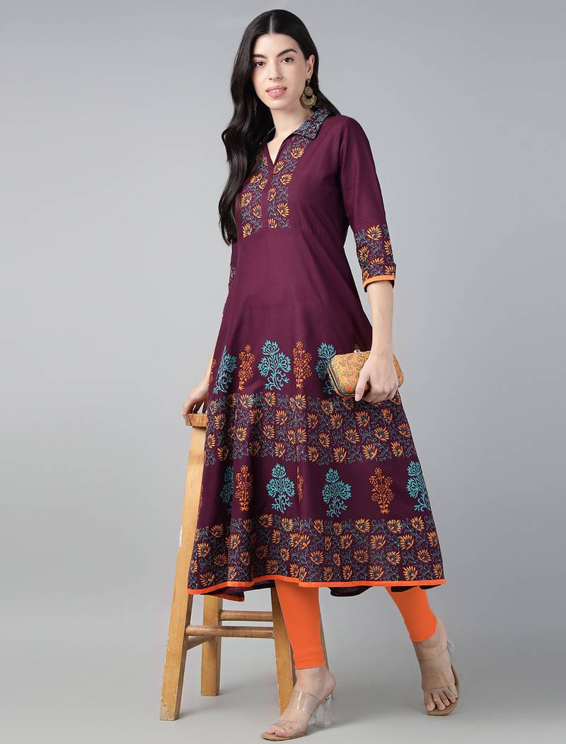 Winecotton printed anarkali kurta
