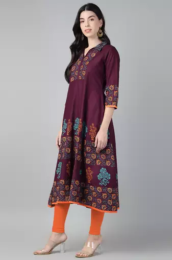 Winecotton printed anarkali kurta