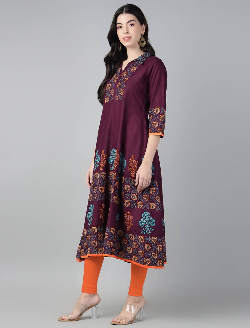 Winecotton printed anarkali kurta
