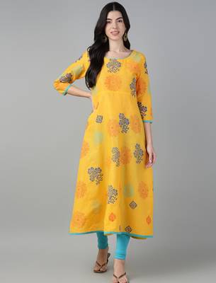 Yellow cotton printed anarkali kurta 1