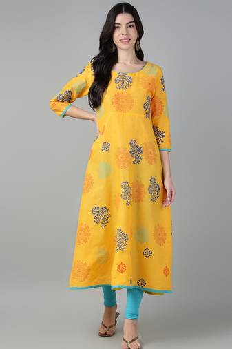 Yellow cotton printed anarkali kurta