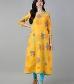 Yellow cotton printed anarkali kurta