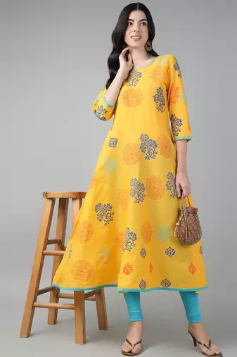 Yellow cotton printed anarkali kurta