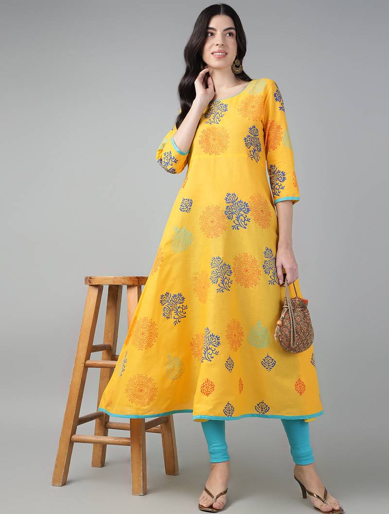 Yellow cotton printed anarkali kurta