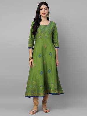 Green cotton printed anarkali kurta 1