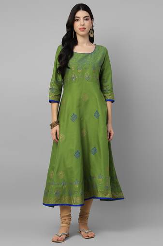 Green cotton printed anarkali kurta