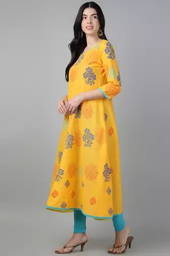 Yellow cotton printed anarkali kurta