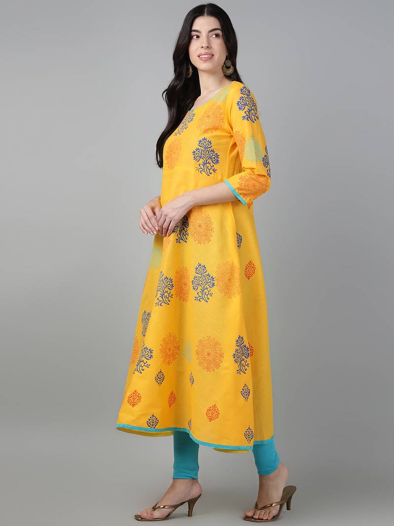 Yellow cotton printed anarkali kurta