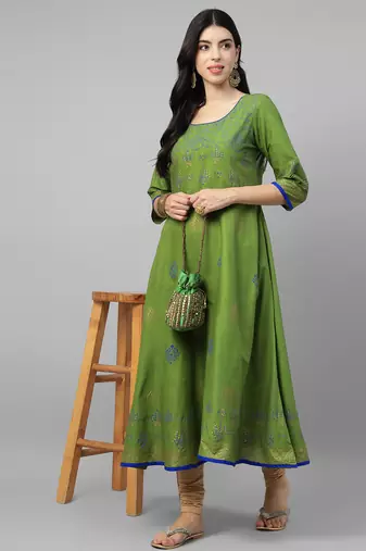 Green cotton printed anarkali kurta