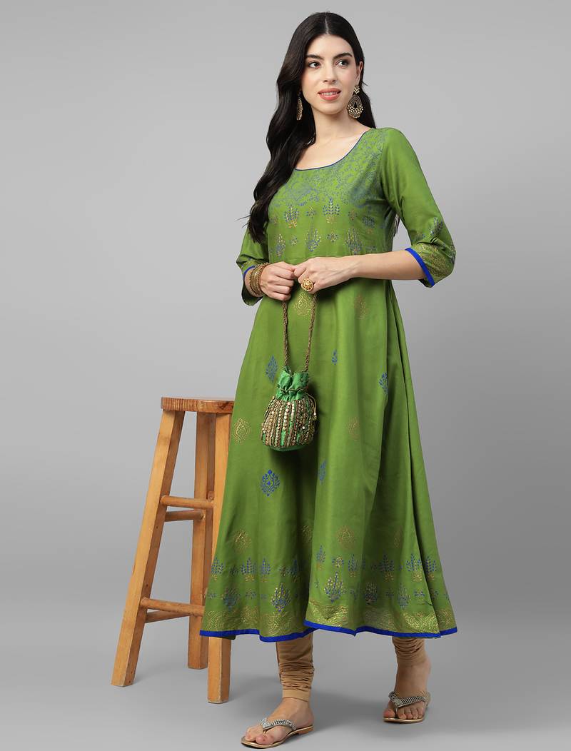Green cotton printed anarkali kurta