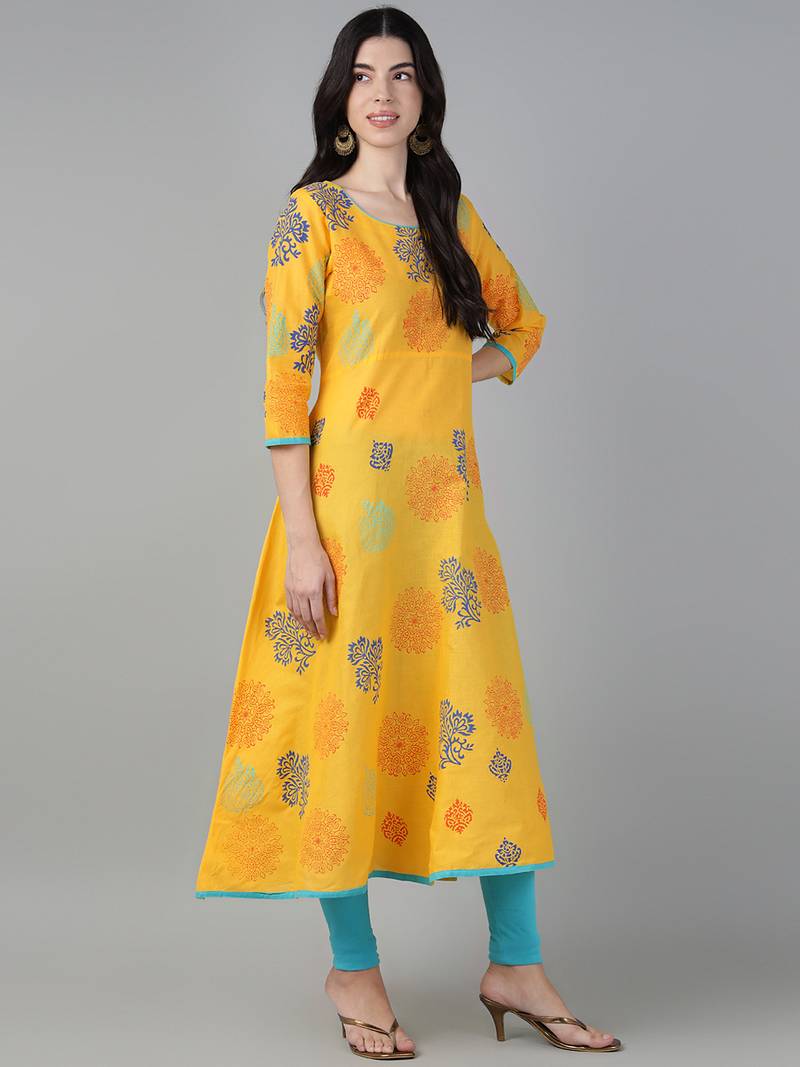 Yellow cotton printed anarkali kurta