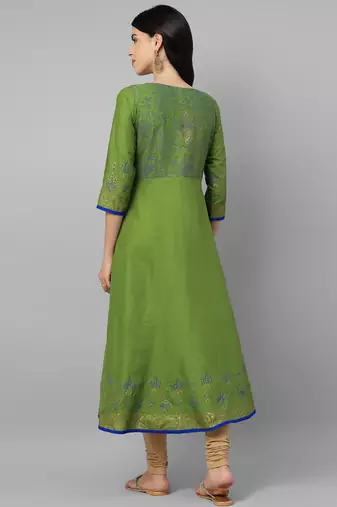 Green cotton printed anarkali kurta