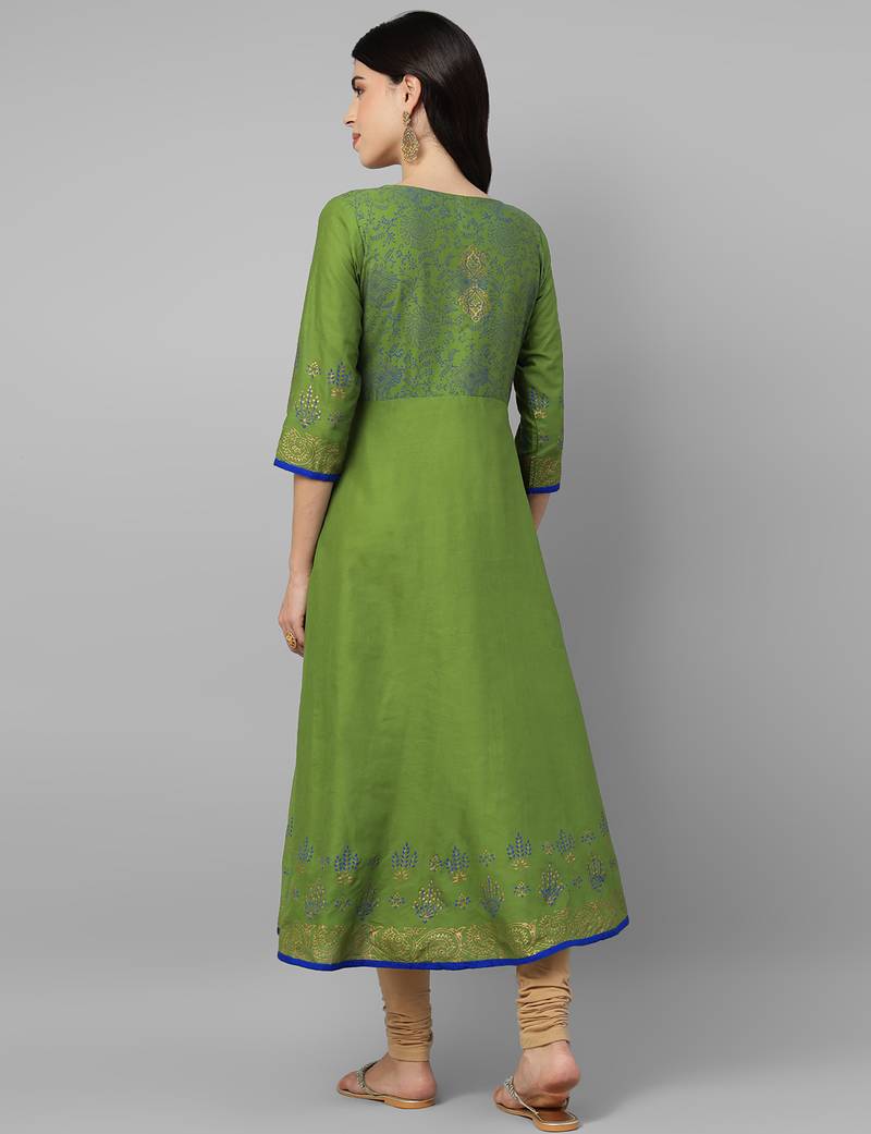 Green cotton printed anarkali kurta