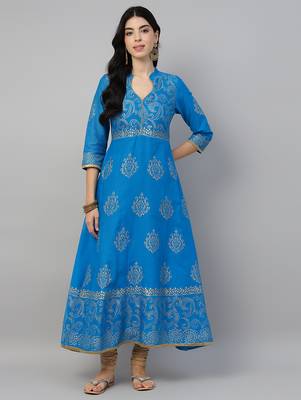 Sky blue cotton printed anarkali kurta 1