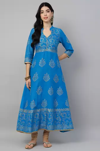 Sky blue cotton printed anarkali kurta