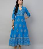 Sky blue cotton printed anarkali kurta