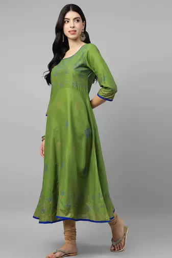 Green cotton printed anarkali kurta