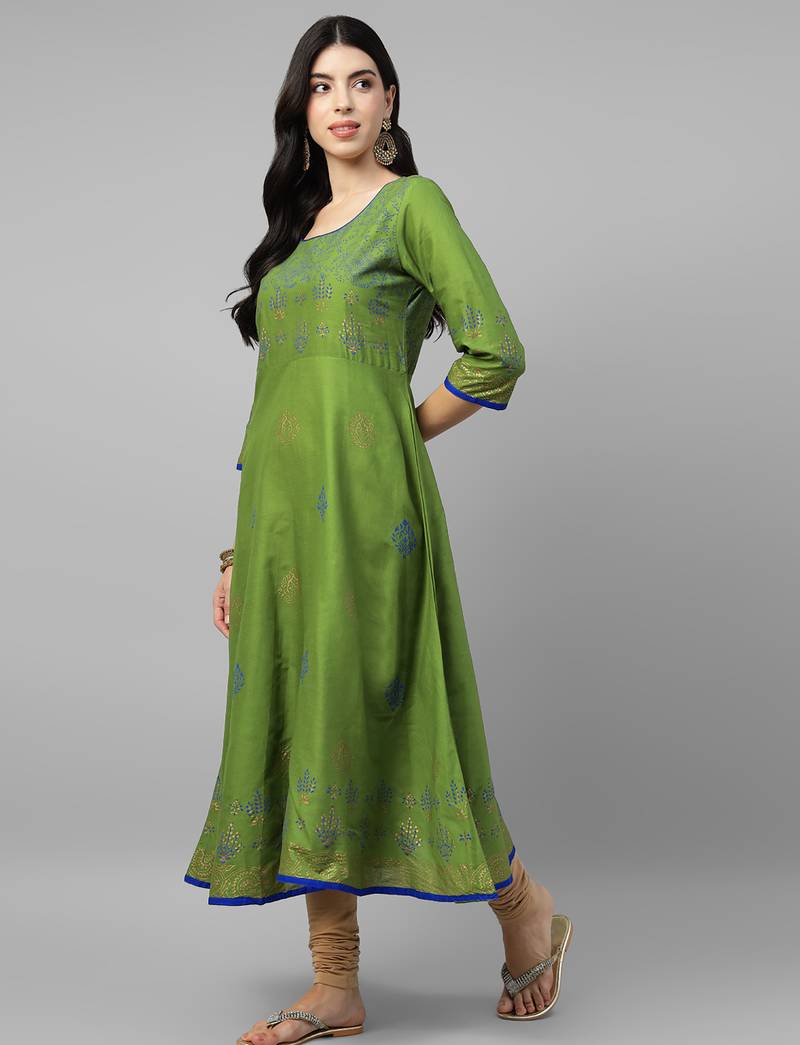 Green cotton printed anarkali kurta