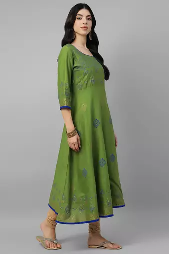 Green cotton printed anarkali kurta