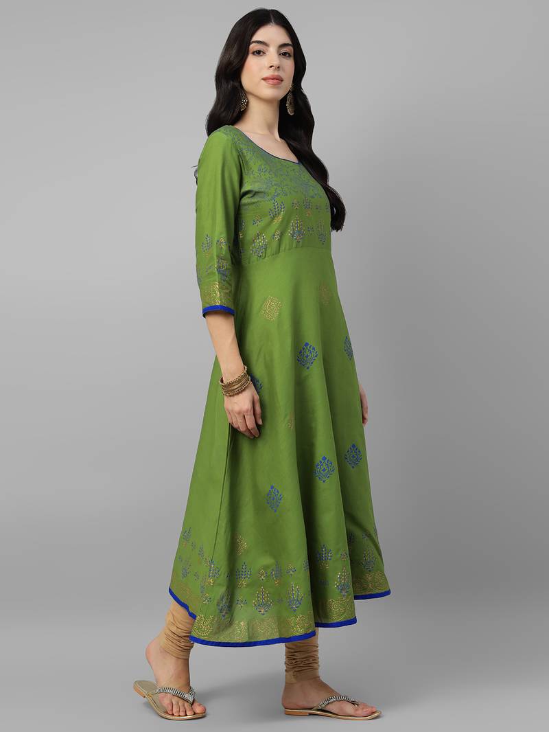 Green cotton printed anarkali kurta