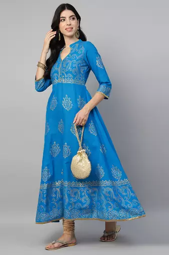 Sky blue cotton printed anarkali kurta