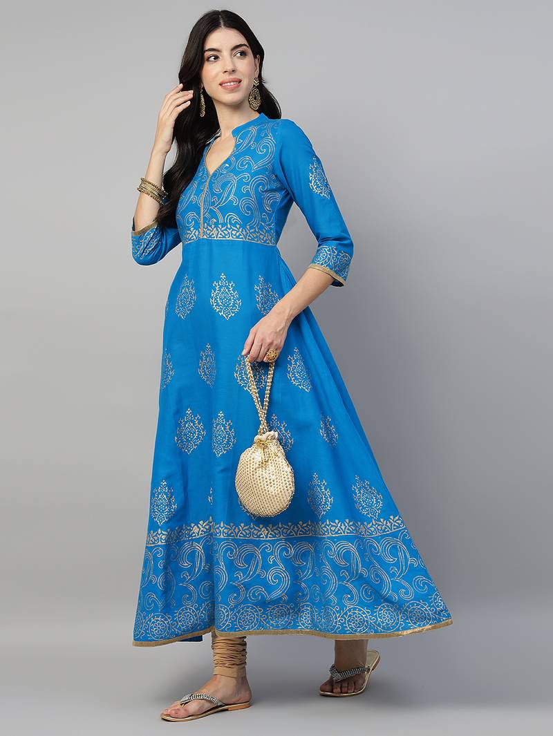 Sky blue cotton printed anarkali kurta