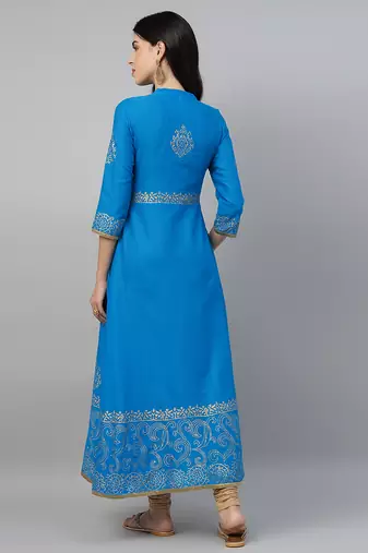 Sky blue cotton printed anarkali kurta