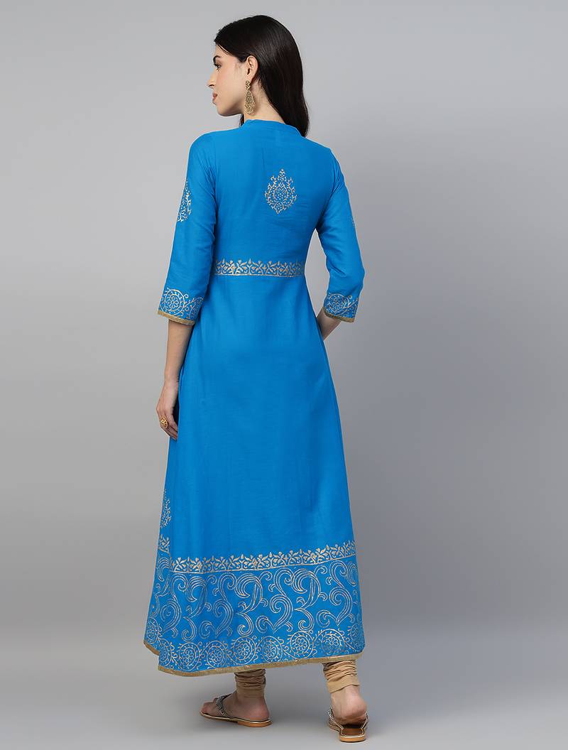 Sky blue cotton printed anarkali kurta