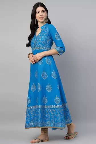Sky blue cotton printed anarkali kurta