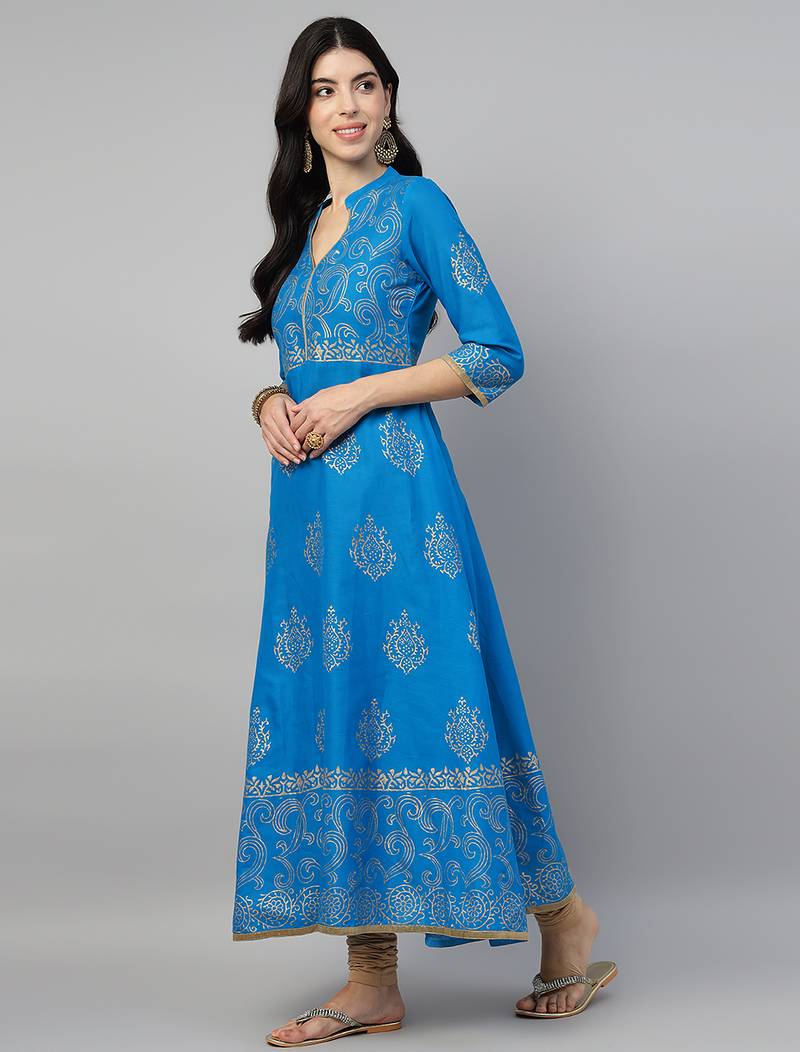 Sky blue cotton printed anarkali kurta