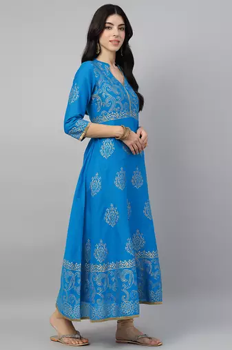 Sky blue cotton printed anarkali kurta