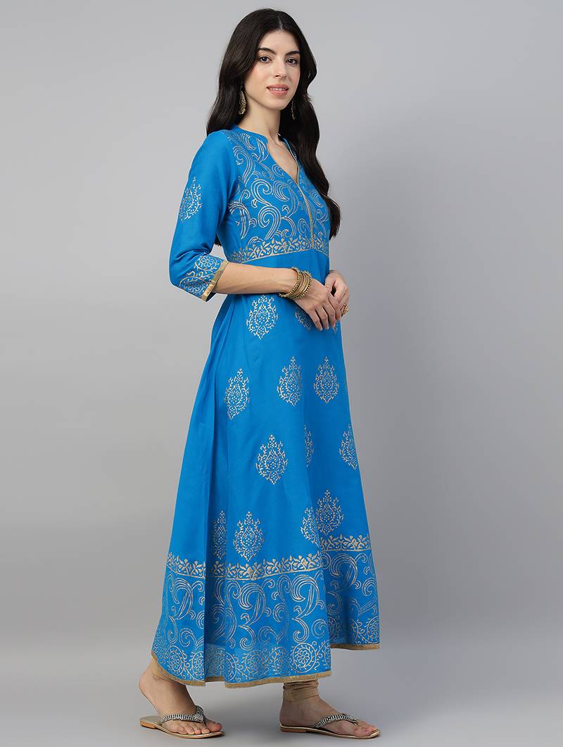Sky blue cotton printed anarkali kurta
