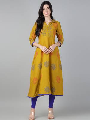 Mustard cotton printed anarkali kurta 1