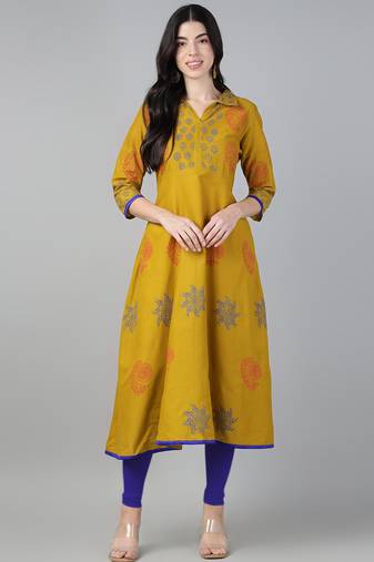 Mustard cotton printed anarkali kurta