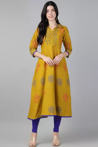 Mustard cotton printed anarkali kurta