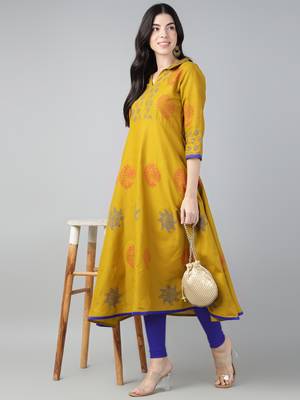 Mustard cotton printed anarkali kurta 2