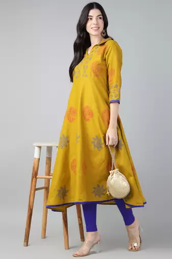 Mustard cotton printed anarkali kurta