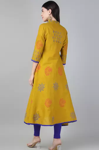 Mustard cotton printed anarkali kurta