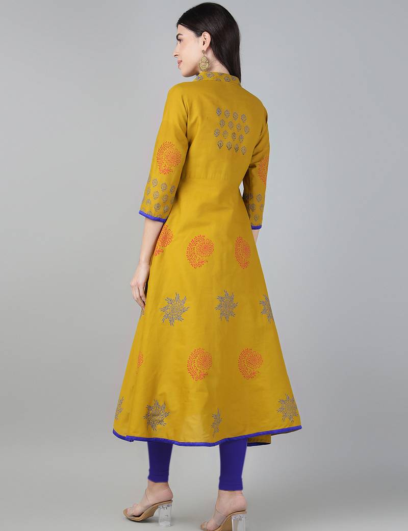 Mustard cotton printed anarkali kurta