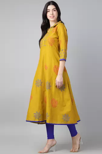 Mustard cotton printed anarkali kurta