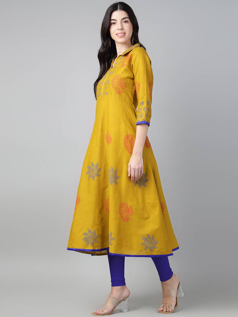 Mustard cotton printed anarkali kurta