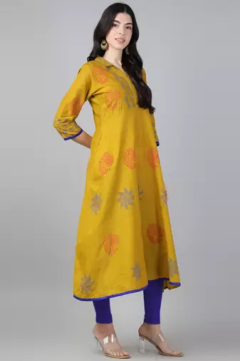 Mustard cotton printed anarkali kurta