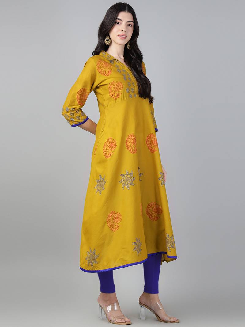 Mustard cotton printed anarkali kurta