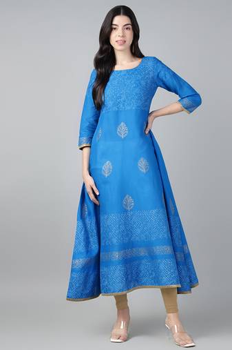 Sky blue cotton printed anarkali kurta