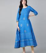Sky blue cotton printed anarkali kurta