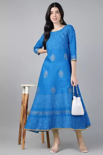 Sky blue cotton printed anarkali kurta
