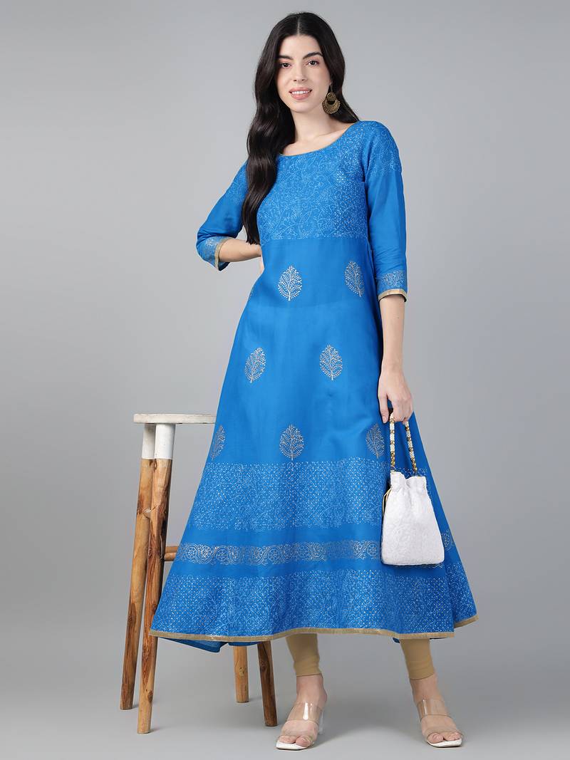 Sky blue cotton printed anarkali kurta