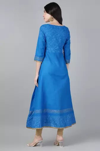 Sky blue cotton printed anarkali kurta